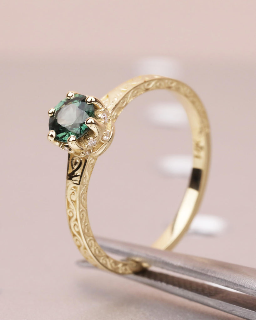Vintage Engagement Ring, Peacock Sapphire Engagement Ring, Art Deco Hidden Halo Ring, Prong Set Anniversary Unique Ring Hand Carved Filigree image #2