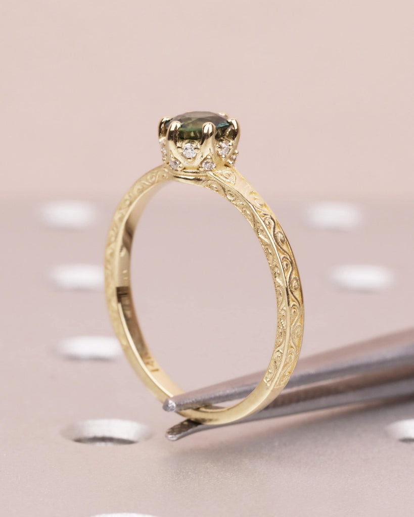 Vintage Engagement Ring, Peacock Sapphire Engagement Ring, Art Deco Hidden Halo Ring, Prong Set Anniversary Unique Ring Hand Carved Filigree image #3