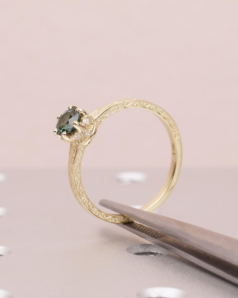 Vintage Engagement Ring, Peacock Sapphire Engagement Ring, Art Deco Hidden Halo Ring, Prong Set Anniversary Unique Ring Hand Carved Filigree image #6