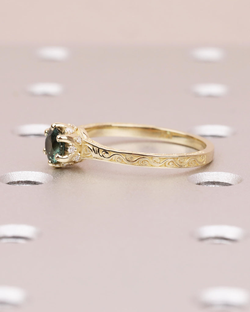 Vintage Engagement Ring, Peacock Sapphire Engagement Ring, Art Deco Hidden Halo Ring, Prong Set Anniversary Unique Ring Hand Carved Filigree image #8