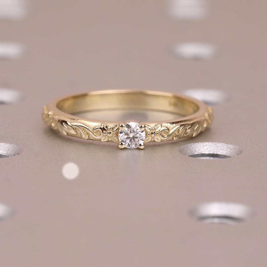 Nature Inspired Moissanite Engraved Floral Wedding Ring | Gold Vintage Leaf Wedding Band | Solitaire Lab Diamond Promise Rings for Women
