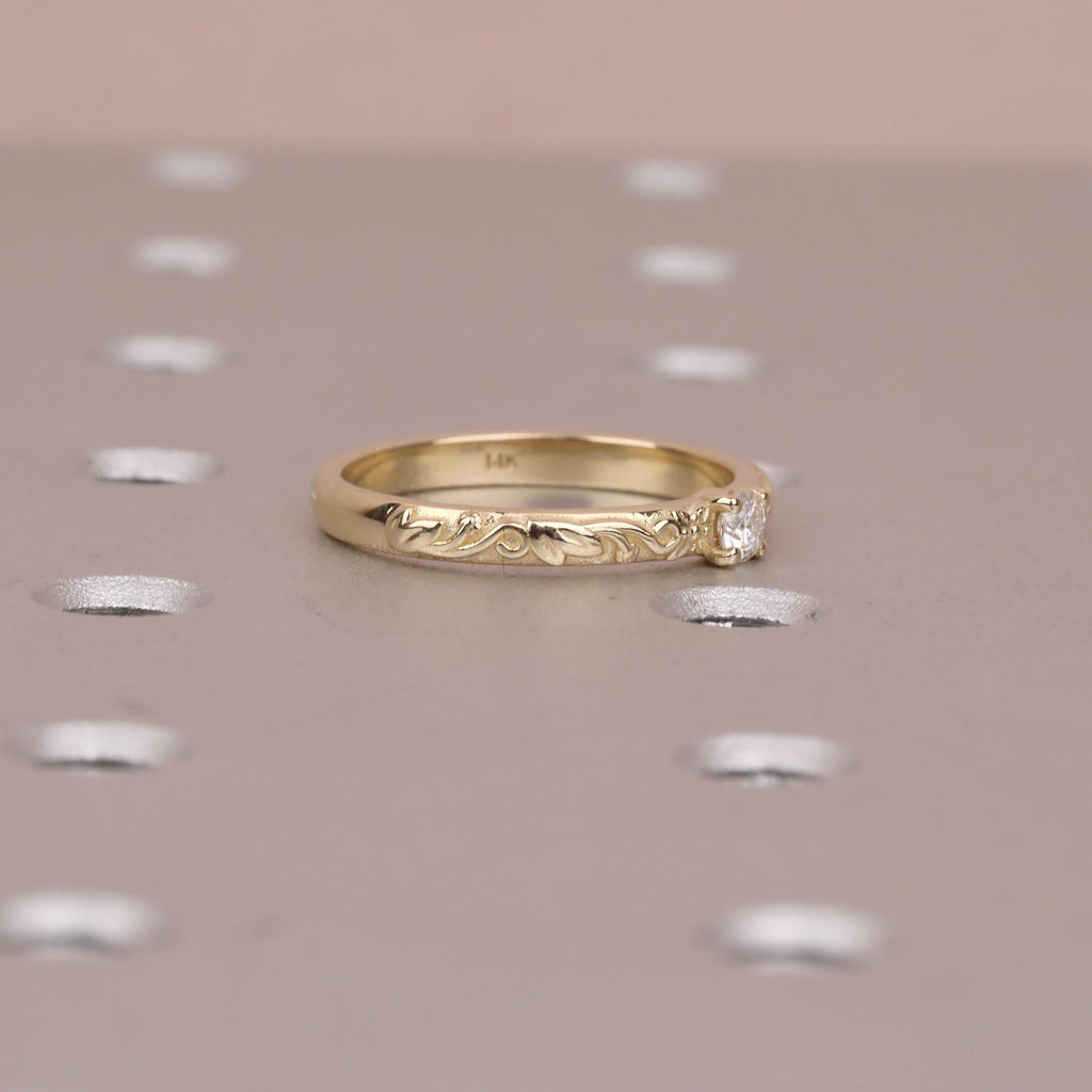 Nature Inspired Moissanite Engraved Floral Wedding Ring | Gold Vintage Leaf Wedding Band | Solitaire Lab Diamond Promise Rings for Women image #13