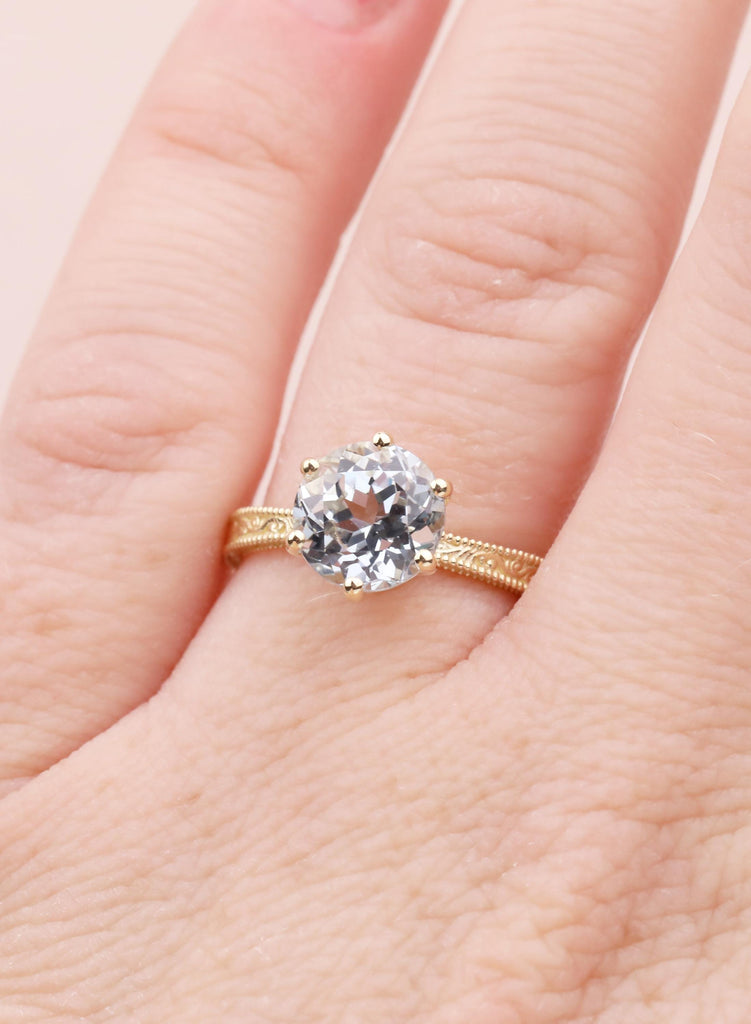 Aquamarine Solitaire Ring, Antique Milgrain Gold Ring, March Birthstone Jewelry