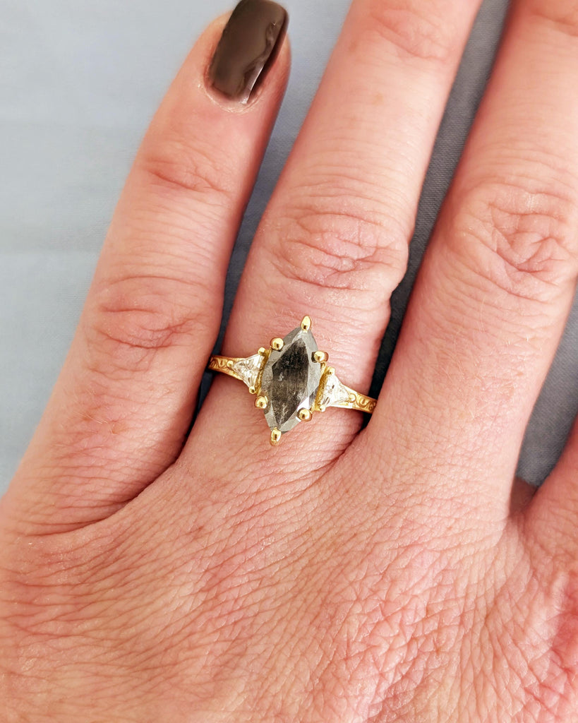 Vintage Filigree Marquise and Triangle Cut Diamond Ring, Solid 14K Yellow Gold Art Deco Engagement Wedding Ring for Women, Anniversary Ring image #2