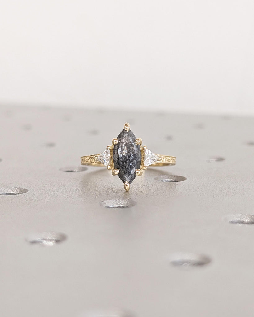 Vintage Filigree Marquise and Triangle Cut Diamond Ring, Solid 14K Yellow Gold Art Deco Engagement Wedding Ring for Women, Anniversary Ring image #9