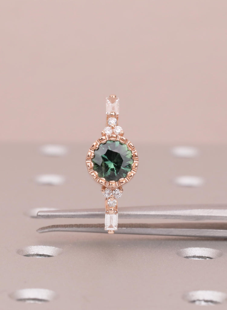 Unique Round Teal Sapphire Ring, 14k Rose Gold Alternative Engagement Ring for Women, Delicate Boho Gemstone Ring, Art Deco Jewelry for Her