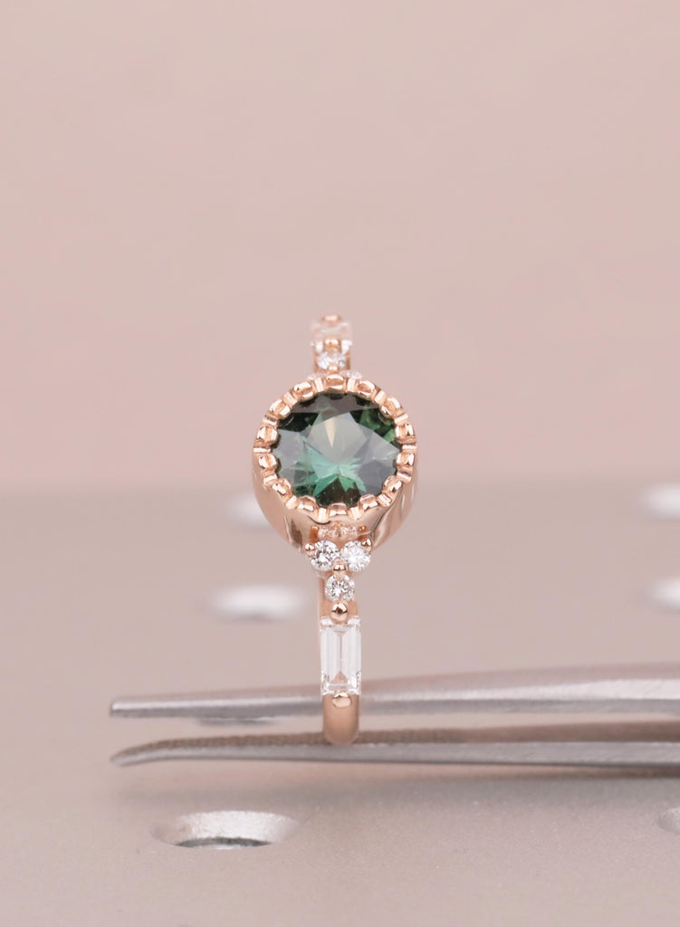 Unique Round Teal Sapphire Ring, 14k Rose Gold Alternative Engagement Ring for Women, Delicate Boho Gemstone Ring, Art Deco Jewelry for Her image #8