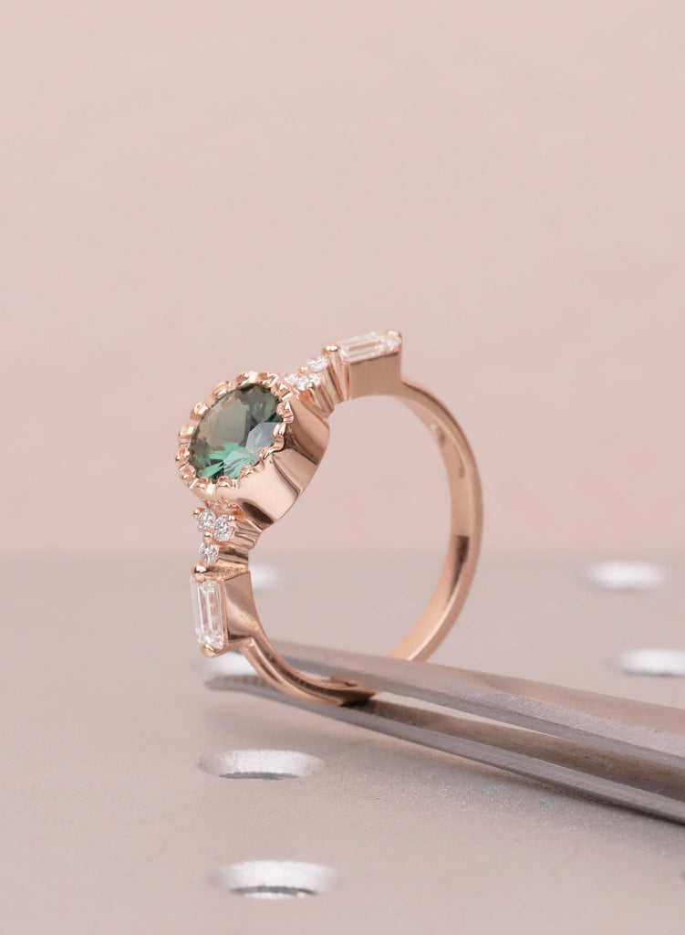 Unique Round Teal Sapphire Ring, 14k Rose Gold Alternative Engagement Ring for Women, Delicate Boho Gemstone Ring, Art Deco Jewelry for Her image #14