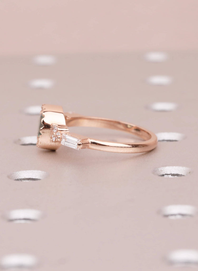Unique Round Teal Sapphire Ring, 14k Rose Gold Alternative Engagement Ring for Women, Delicate Boho Gemstone Ring, Art Deco Jewelry for Her image #3