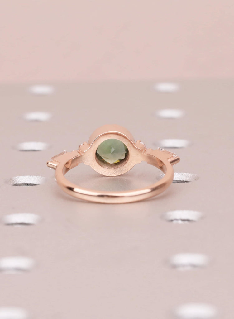 Unique Round Teal Sapphire Ring, 14k Rose Gold Alternative Engagement Ring for Women, Delicate Boho Gemstone Ring, Art Deco Jewelry for Her image #10