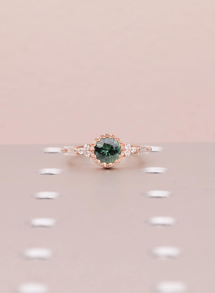 Unique Round Teal Sapphire Ring, 14k Rose Gold Alternative Engagement Ring for Women, Delicate Boho Gemstone Ring, Art Deco Jewelry for Her image #2