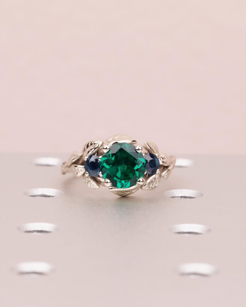 Emerald & Sapphire Nature Inspired Ring, Forest Leaf Ring, Three Stone Engagement Ring, 14K White Gold image #8