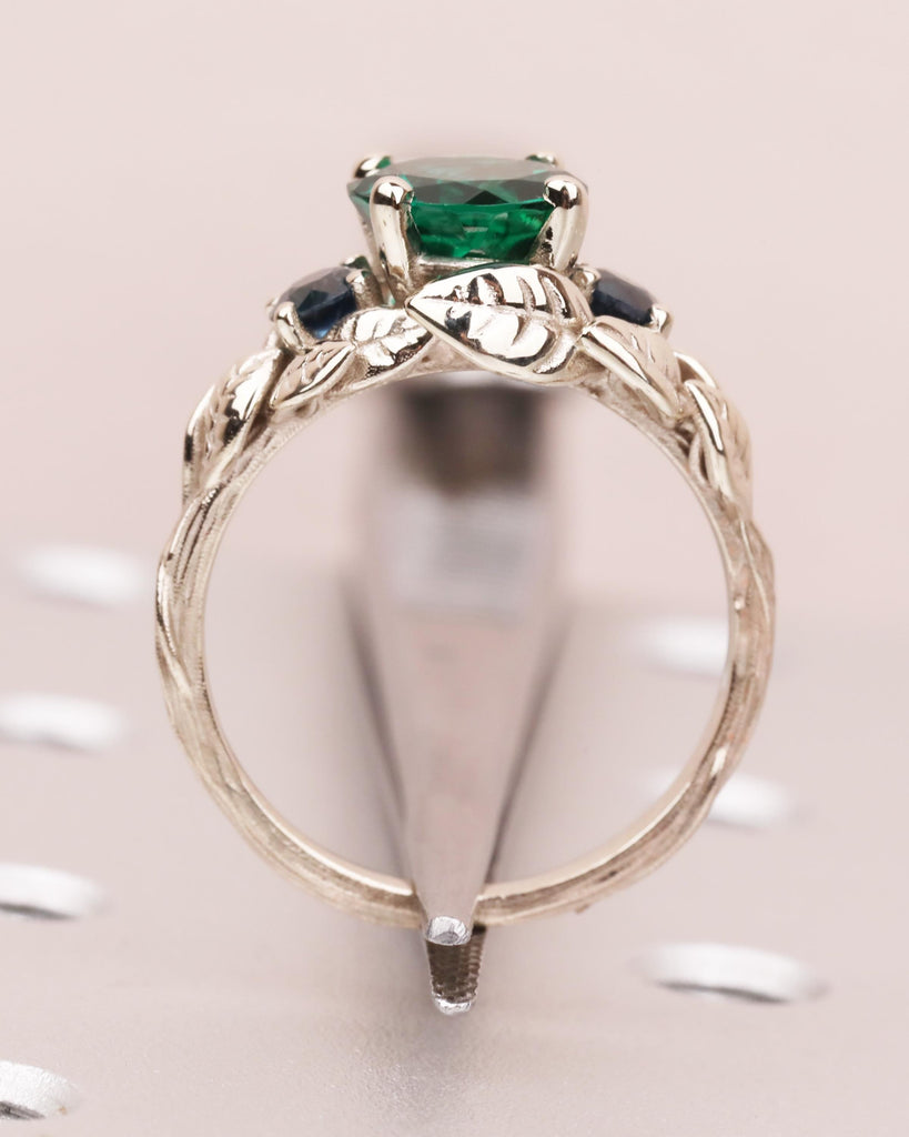 Nature Inspired Emerald Engagement Ring, Branch Emerald Engagement Ring, Leaf Emerald Ring, Art Deco, Trellis, Peacock Sapphire, White Gold image #5
