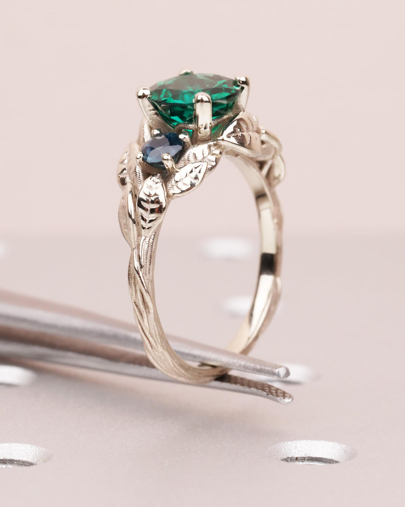 Emerald & Sapphire Nature Inspired Ring, Forest Leaf Ring, Three Stone Engagement Ring, 14K White Gold image #5