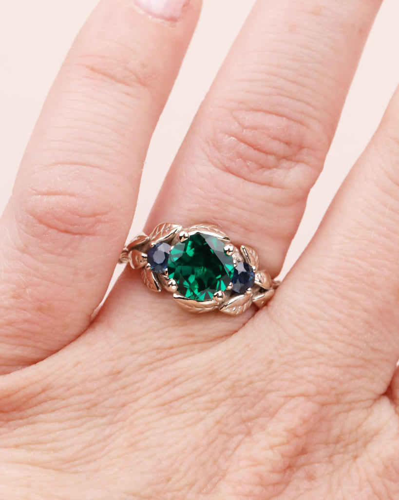 Emerald & Sapphire Nature Inspired Ring, Forest Leaf Ring, Three Stone Engagement Ring, 14K White Gold image #9