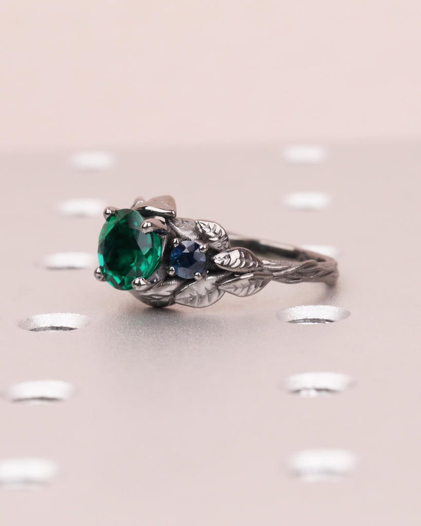 Emerald & Sapphire Nature Inspired Ring, Forest Leaf Ring, Three Stone Engagement Ring, 14K Black Gold image #7