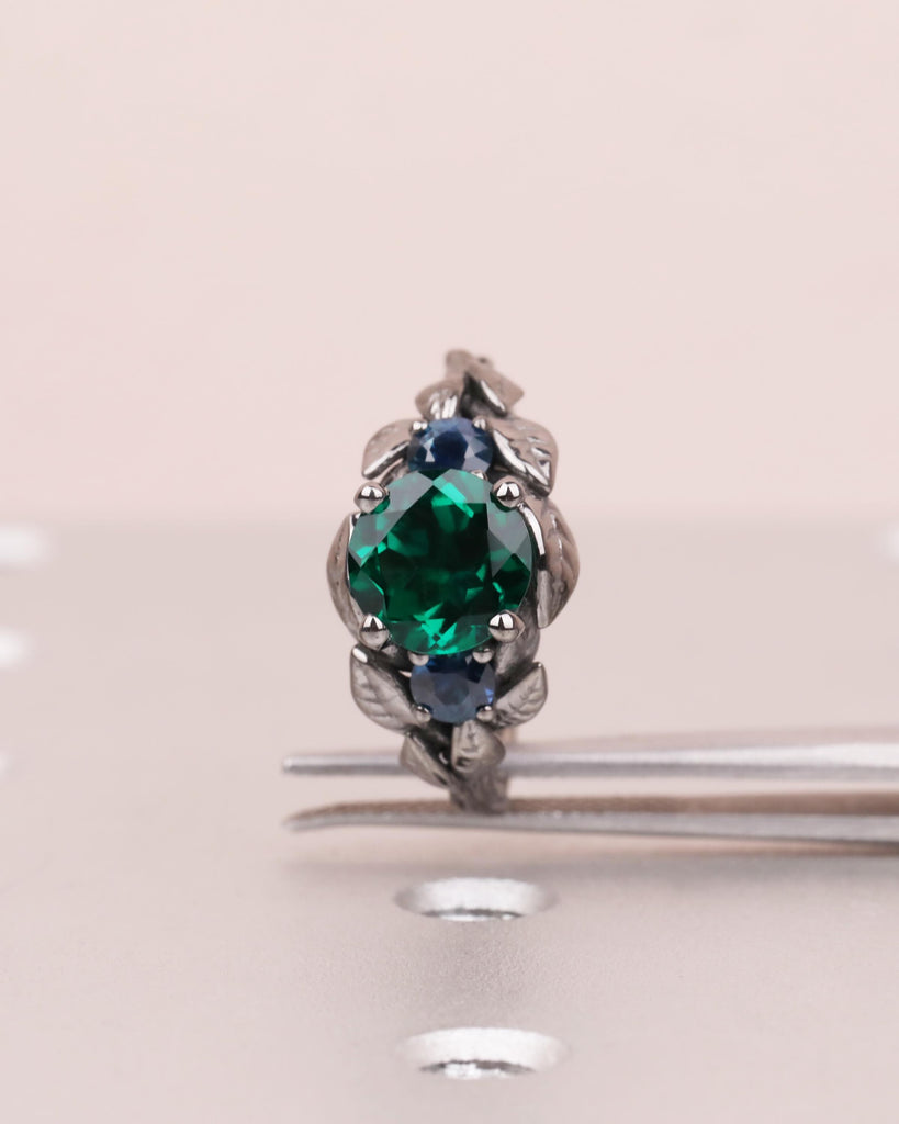 Emerald & Sapphire Nature Inspired Ring, Forest Leaf Ring, Three Stone Engagement Ring, 14K Black Gold image #9