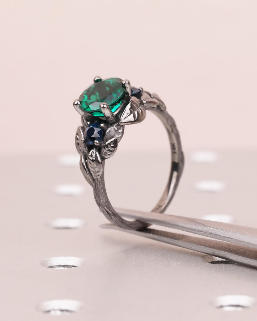 Emerald & Sapphire Nature Inspired Ring, Forest Leaf Ring, Three Stone Engagement Ring, 14K Black Gold image #3
