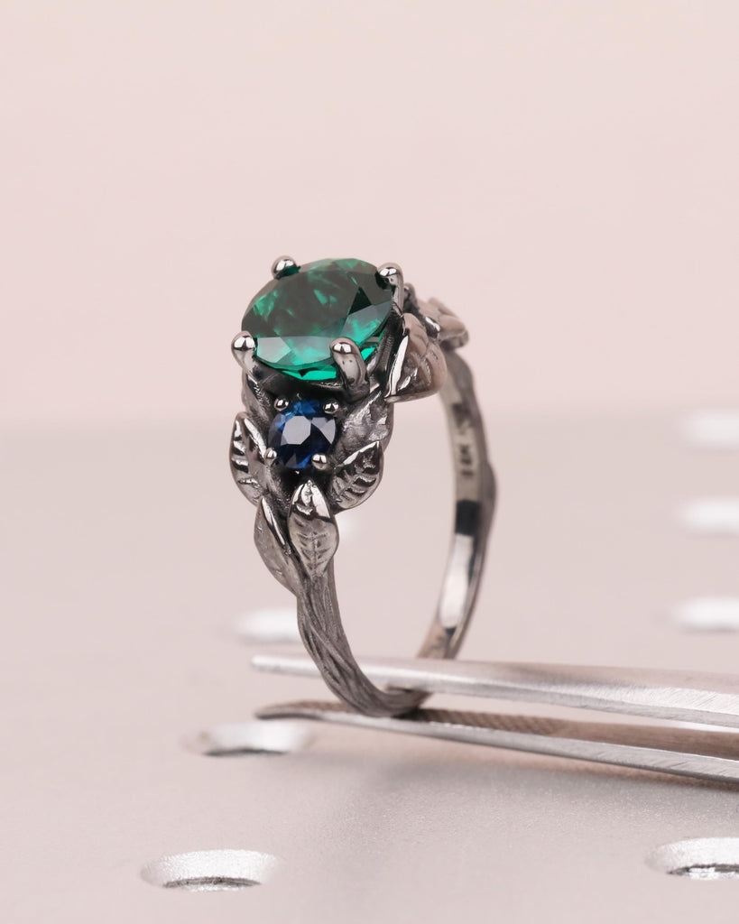 Emerald & Sapphire Nature Inspired Ring, Forest Leaf Ring, Three Stone Engagement Ring, 14K Black Gold image #2