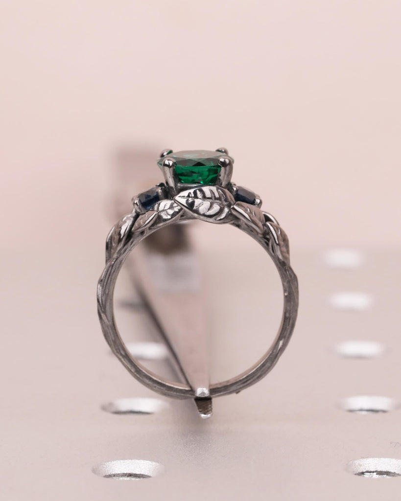 Emerald & Sapphire Nature Inspired Ring, Forest Leaf Ring, Three Stone Engagement Ring, 14K Black Gold image #5