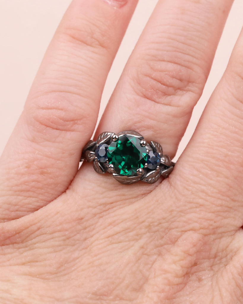 Emerald & Sapphire Nature Inspired Ring, Forest Leaf Ring, Three Stone Engagement Ring, 14K Black Gold image #10