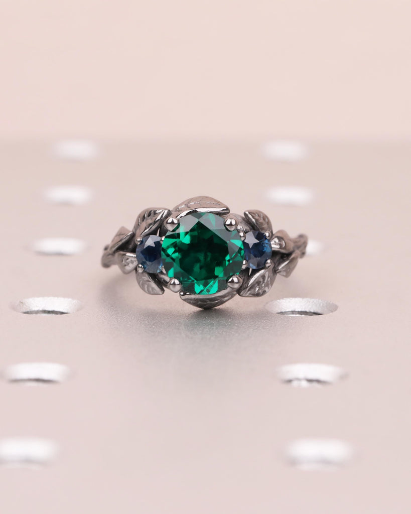 Nature Inspired Emerald Engagement Ring, Branch Emerald Engagement Ring, Leaf Emerald Ring, Art Deco, Trellis, Peacock Sapphire, Black Gold image #2