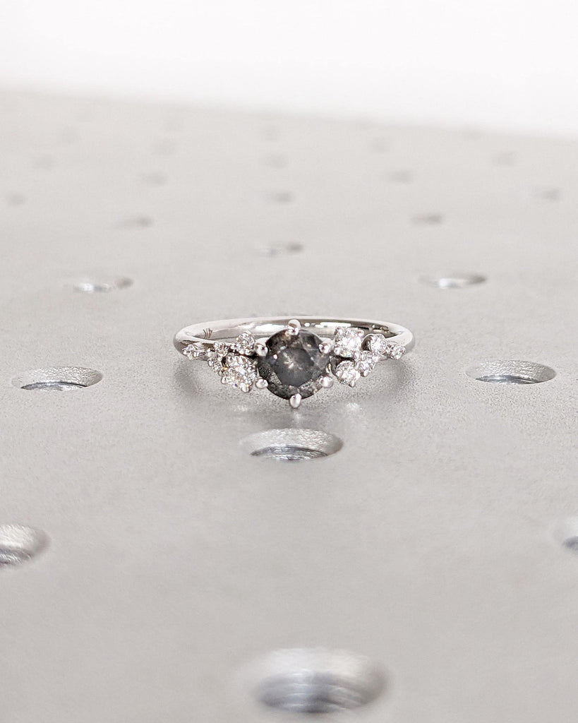 Round Salt and Pepper Diamond Ring, Vintage Diamond Engagement Ring, Solid Gold Unique Snowdrift Cluster Promise Ring, Art Deco Wedding Ring image #4