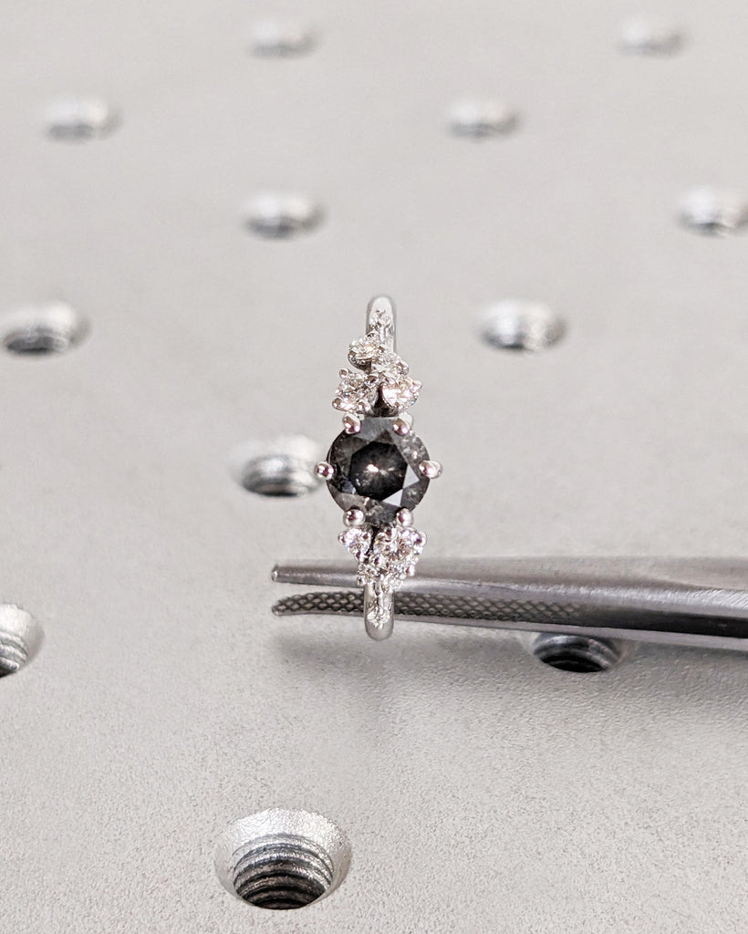 Round Salt & Pepper Diamond Engagement Ring | Snowdrift Ring | Cluster Ring | 14K White Gold image #7