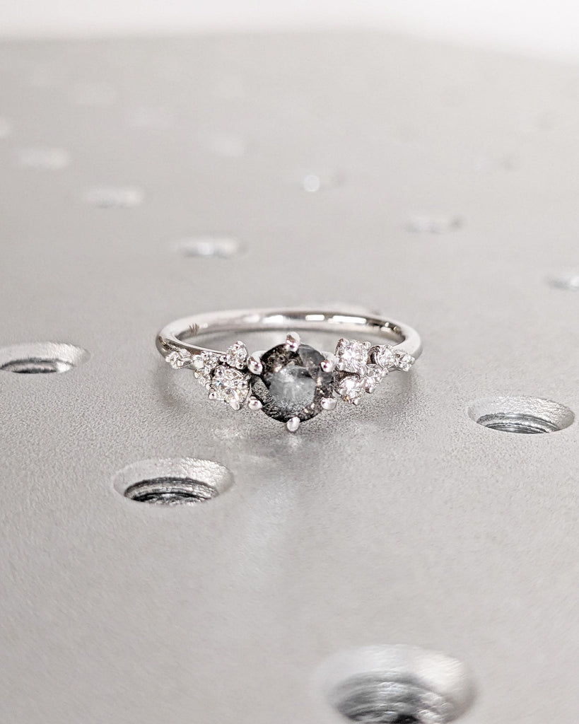 Round Salt and Pepper Diamond Ring, Vintage Diamond Engagement Ring, Solid Gold Unique Snowdrift Cluster Promise Ring, Art Deco Wedding Ring image #5