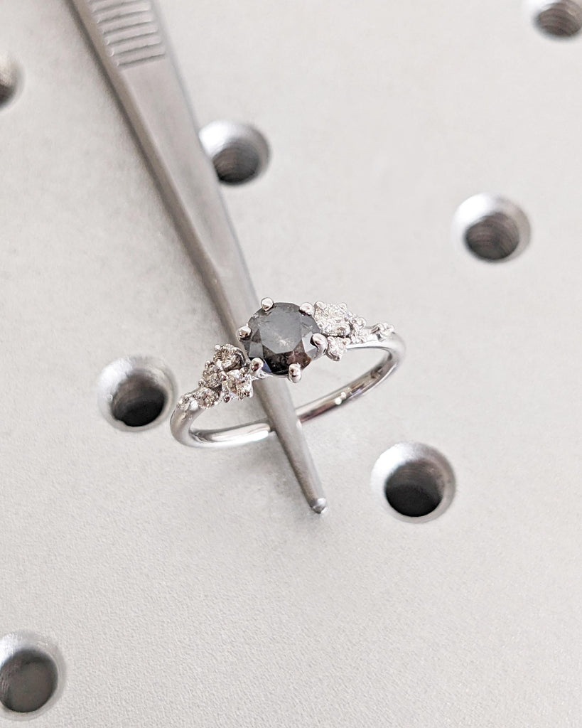 Round Salt and Pepper Diamond Ring, Vintage Diamond Engagement Ring, Solid Gold Unique Snowdrift Cluster Promise Ring, Art Deco Wedding Ring