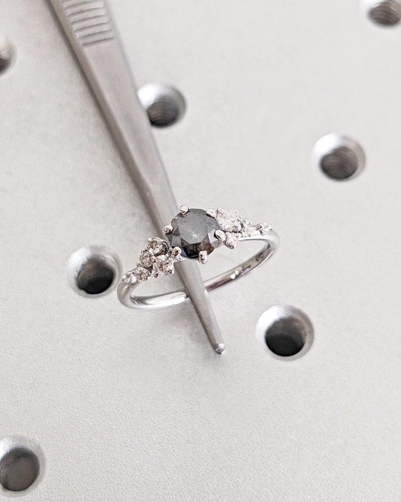 Round Salt & Pepper Diamond Engagement Ring | Snowdrift Ring | Cluster Ring | 14K White Gold image #2