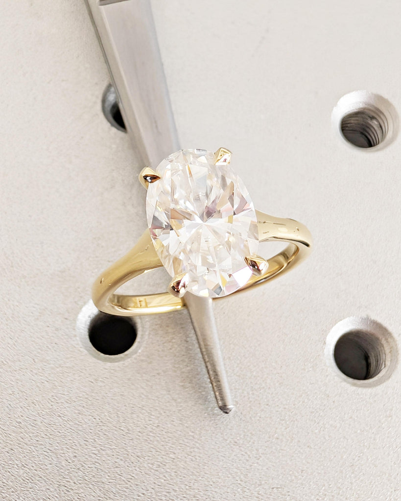 Oval Moissanite Solitaire Ring | Hidden Halo Ring | Oval Engagement Ring in 14k Solid Gold | Cathedral Setting | Promise Ring for Her
