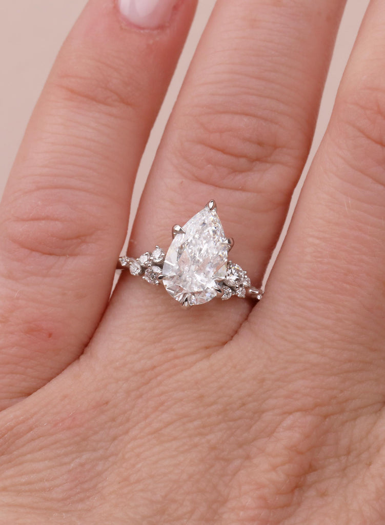 Pear Cut Moissanite Engagement Ring 14K Solid White Gold Diamond Snowdrift Diamond Cluster Ring Three Stone Bridal Alternative Wedding Ring image #3