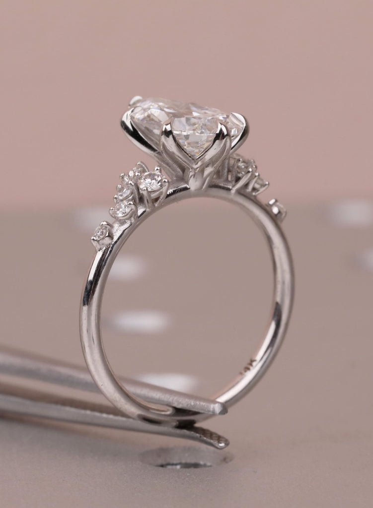 Pear Cut Moissanite Engagement Ring 14K Solid White Gold Diamond Snowdrift Diamond Cluster Ring Three Stone Bridal Alternative Wedding Ring image #11