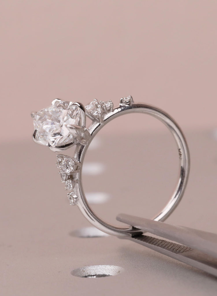 Pear Cut Moissanite Engagement Ring 14K Solid White Gold Diamond Snowdrift Diamond Cluster Ring Three Stone Bridal Alternative Wedding Ring image #12