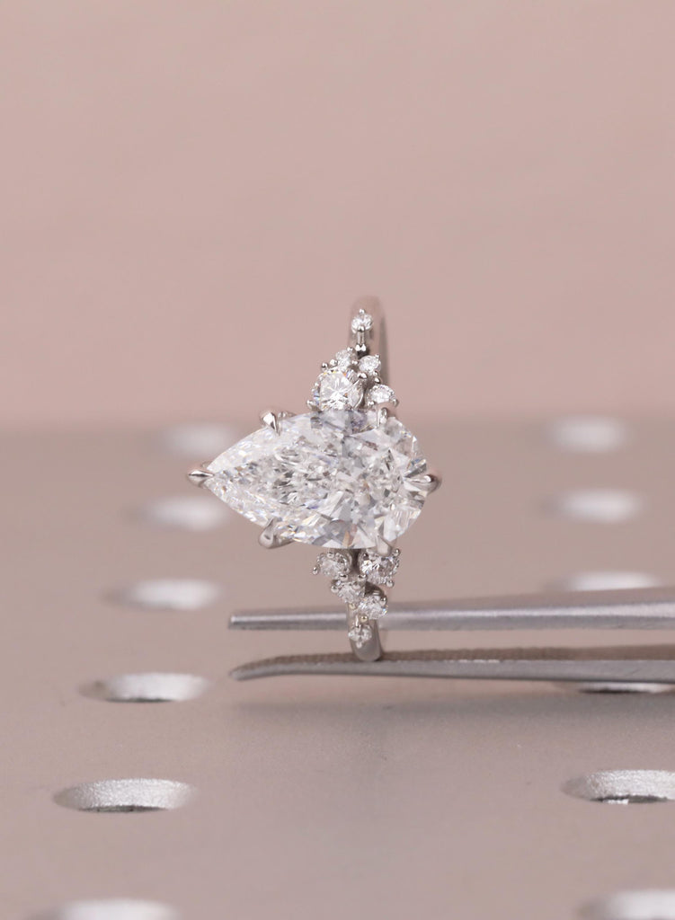 Pear Cut Moissanite Engagement Ring 14K Solid White Gold Diamond Snowdrift Diamond Cluster Ring Three Stone Bridal Alternative Wedding Ring