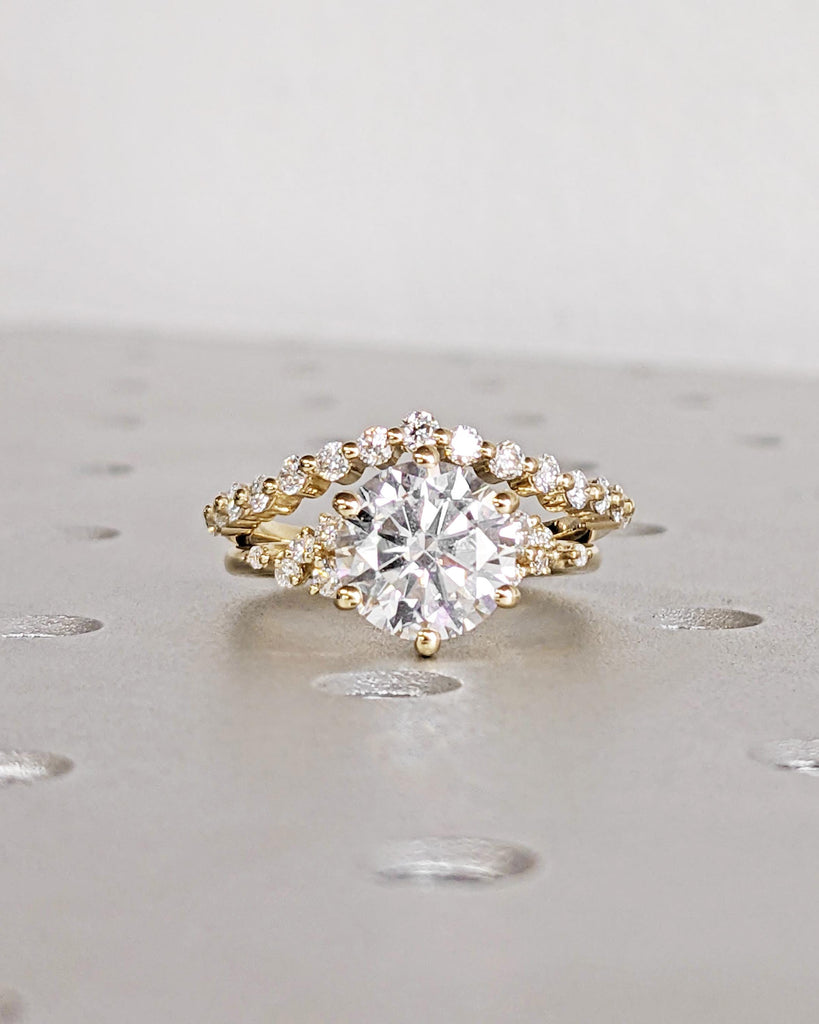 Vintage Moissanite Engagement Ring Set, Unique Snowdrift Cluster Promise Ring Set, Moissanite Wedding Ring Set with Matching Ring Bridal Set image #2