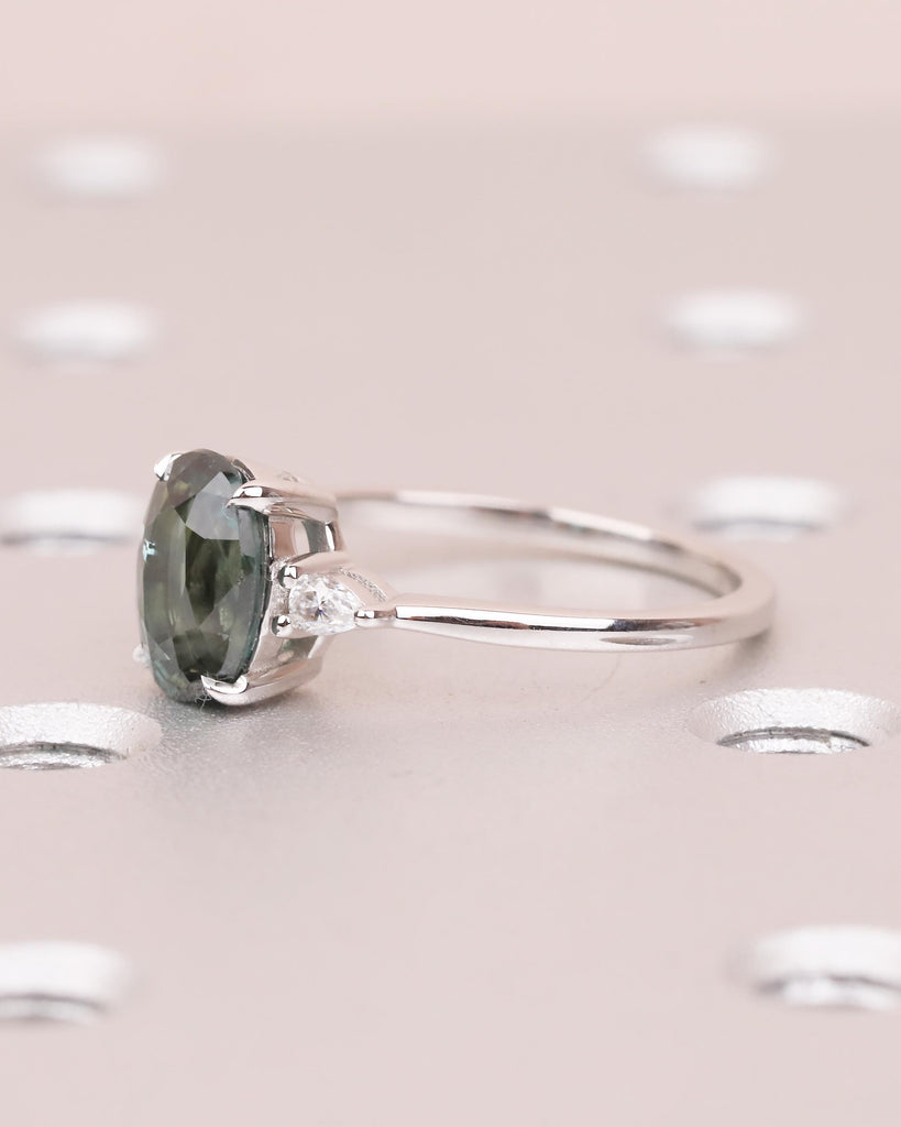 2ct Oval Teal Sapphire Engagement Ring, Art Deco 18k White Gold Ring, Diamond and Green Sapphire Three Stone Ring, September Birthstone Ring image #5