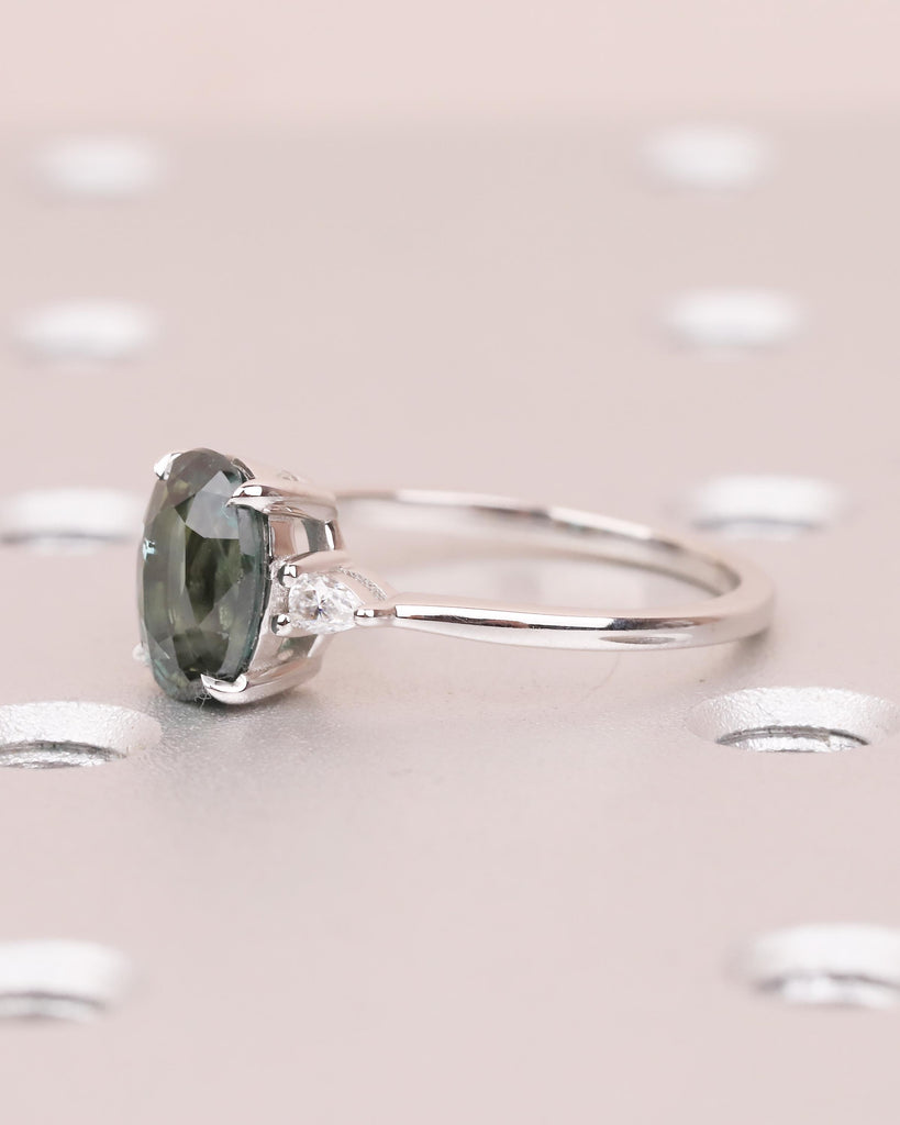 Oval Engagement Ring, 18k White Gold Pear Cut Diamond and Teal Sapphire Ring image #5