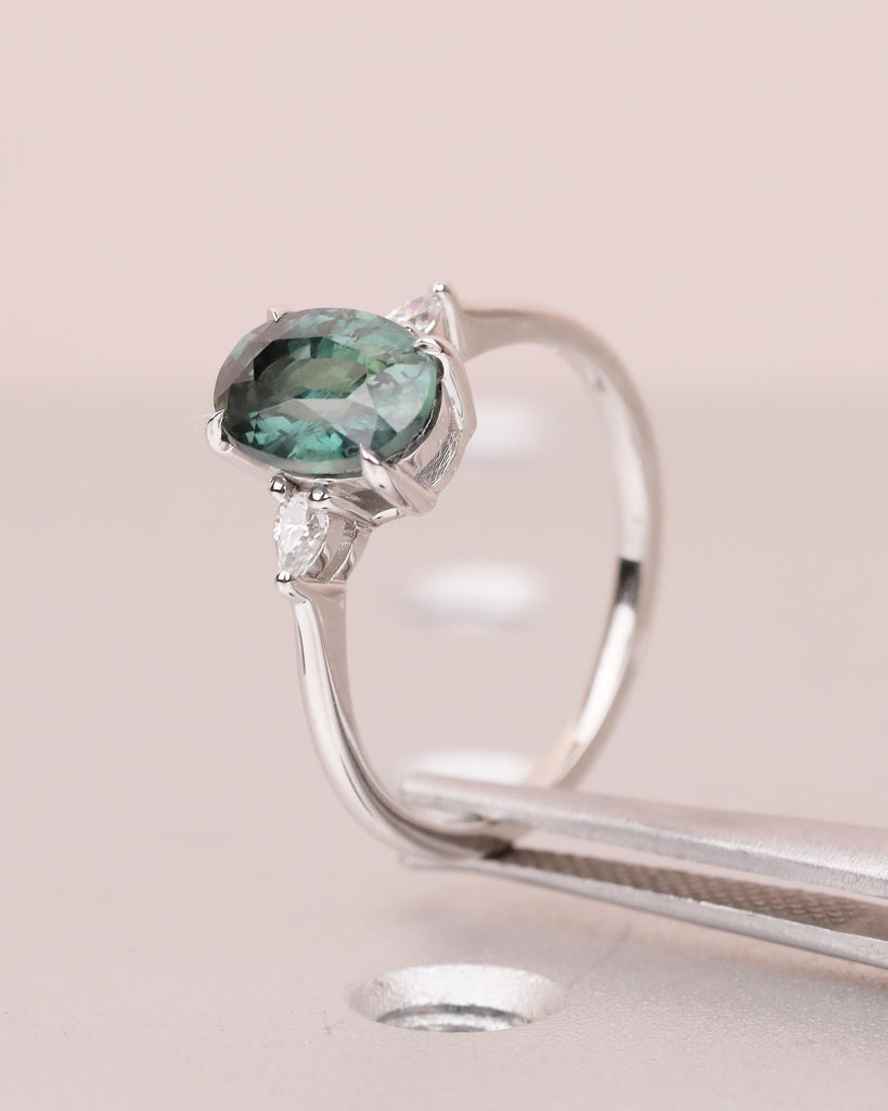 Oval Engagement Ring, 18k White Gold Pear Cut Diamond and Teal Sapphire Ring image #8