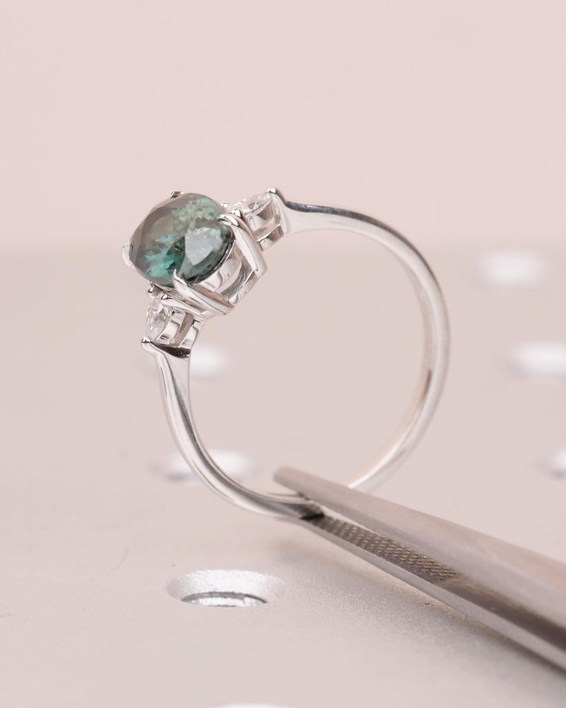 Oval Engagement Ring, 18k White Gold Pear Cut Diamond and Teal Sapphire Ring image #13