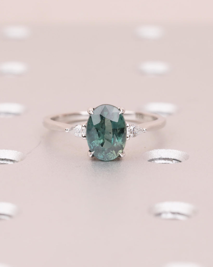 2ct Oval Teal Sapphire Engagement Ring, Art Deco 18k White Gold Ring, Diamond and Green Sapphire Three Stone Ring, September Birthstone Ring image #16
