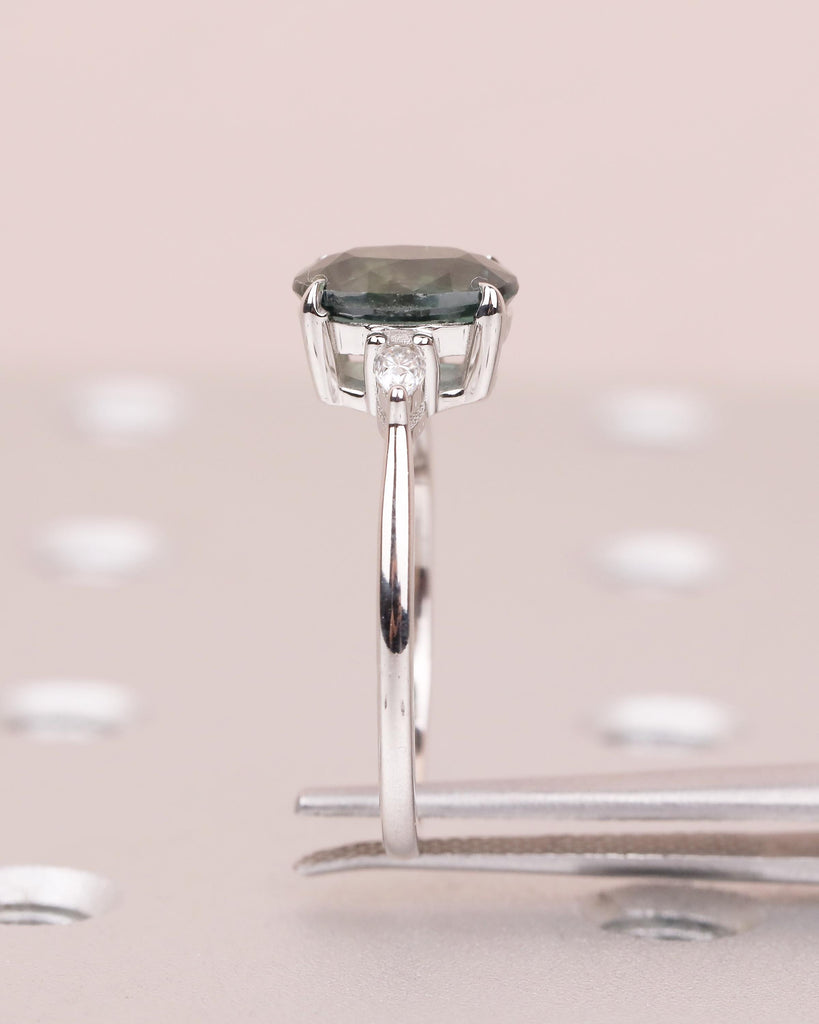 2ct Oval Teal Sapphire Engagement Ring, Art Deco 18k White Gold Ring, Diamond and Green Sapphire Three Stone Ring, September Birthstone Ring image #12