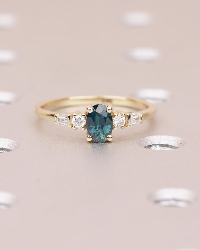 0.5ct Teal Sapphire Ring, 14k Yellow Gold Oval Engagement Ring, September Birthstone Jewelry image #5