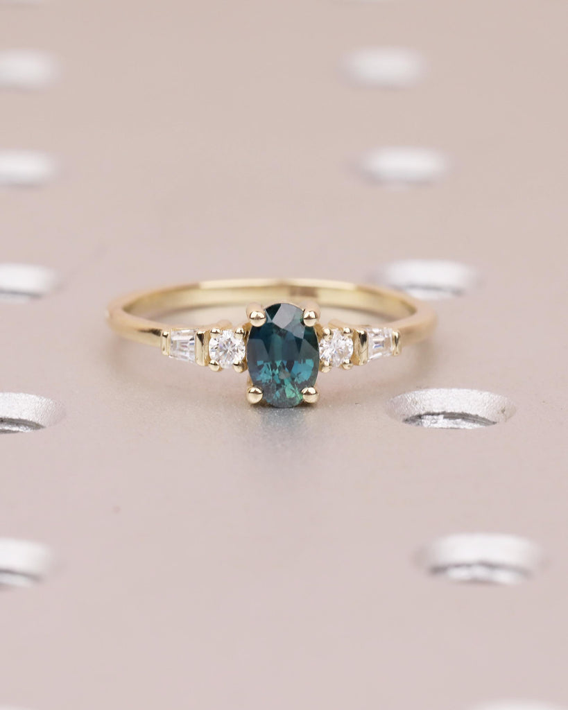 0.5ct Teal Sapphire Ring, 14k Yellow Gold Oval Engagement Ring, September Birthstone Jewelry image #6
