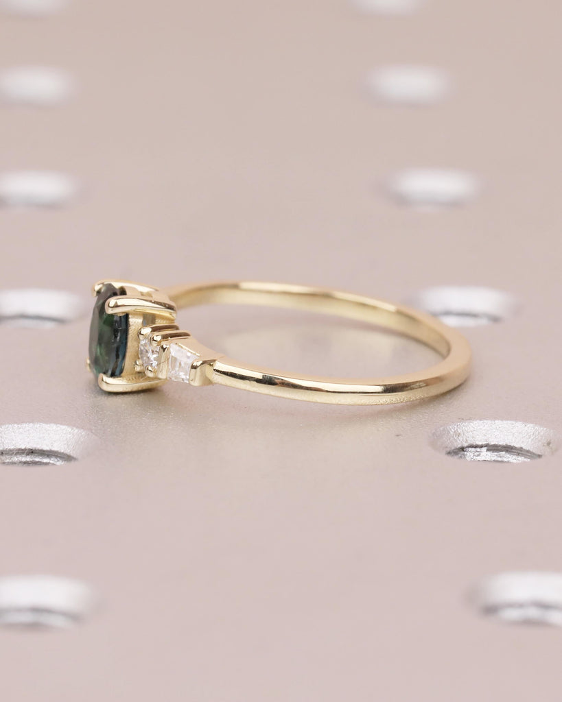 0.5ct Teal Sapphire Ring, 14k Yellow Gold Oval Engagement Ring, September Birthstone Jewelry image #8