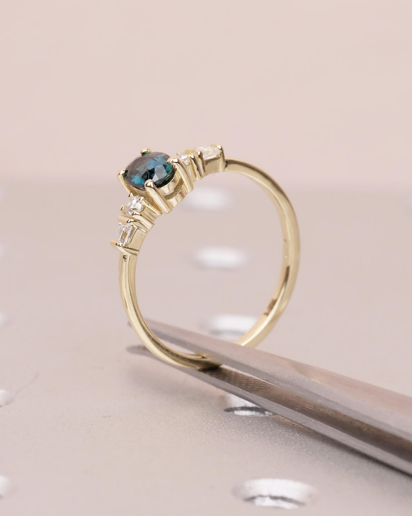 0.5ct Teal Sapphire Ring, 14k Yellow Gold Oval Engagement Ring, September Birthstone Jewelry image #10