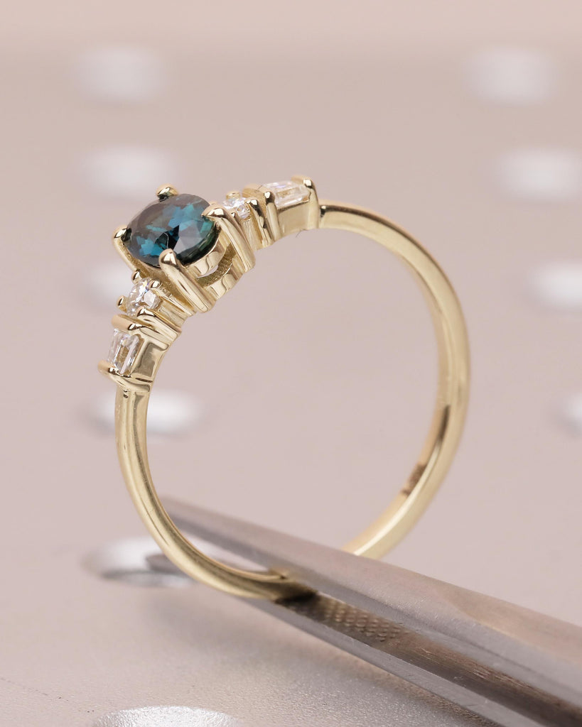 0.5ct Teal Sapphire Ring, 14k Yellow Gold Oval Engagement Ring, September Birthstone Jewelry image #11