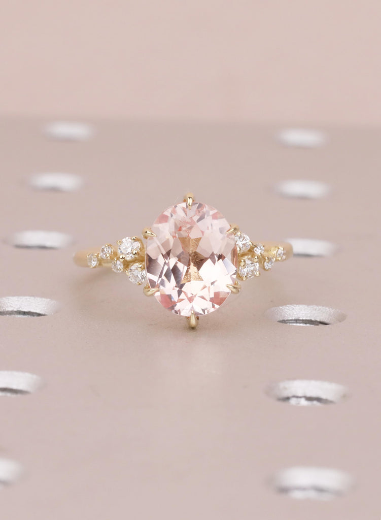 Handcrafted Oval Morganite Engagement Ring, 14K Yellow Gold Cluster Bridal Ring, Dainty Peach Pink Gemstone Wedding Ring, Birthstone Jewelry