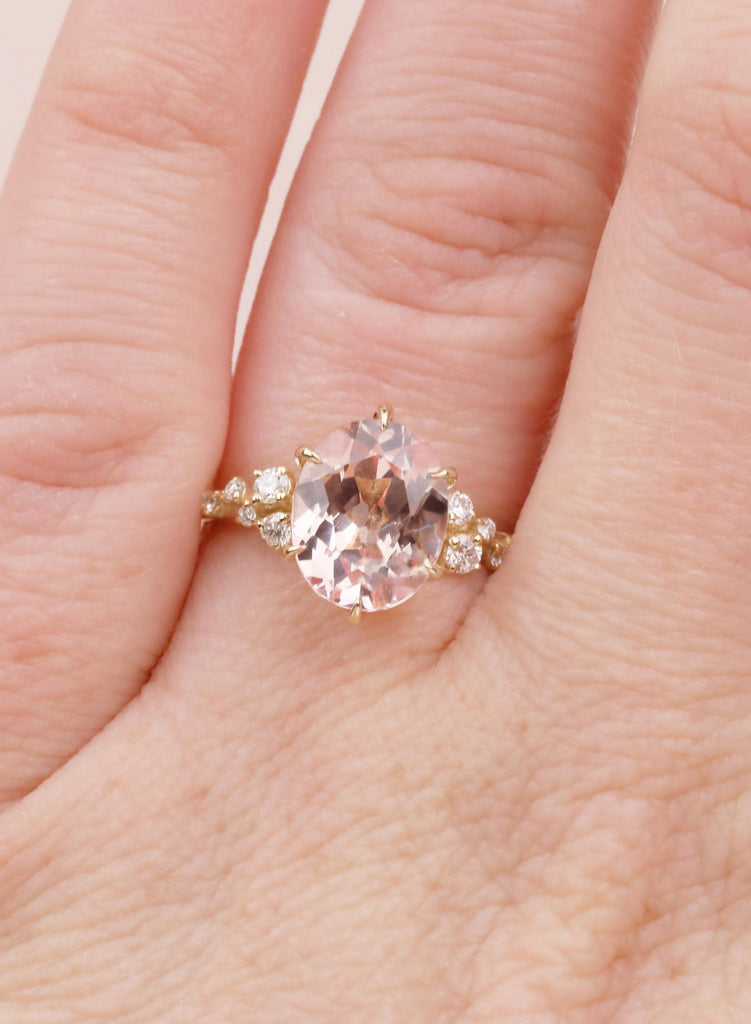 Oval Morganite Engagement Ring, 14K Yellow Gold, Peach Pink Gemstone Bridal Jewelry